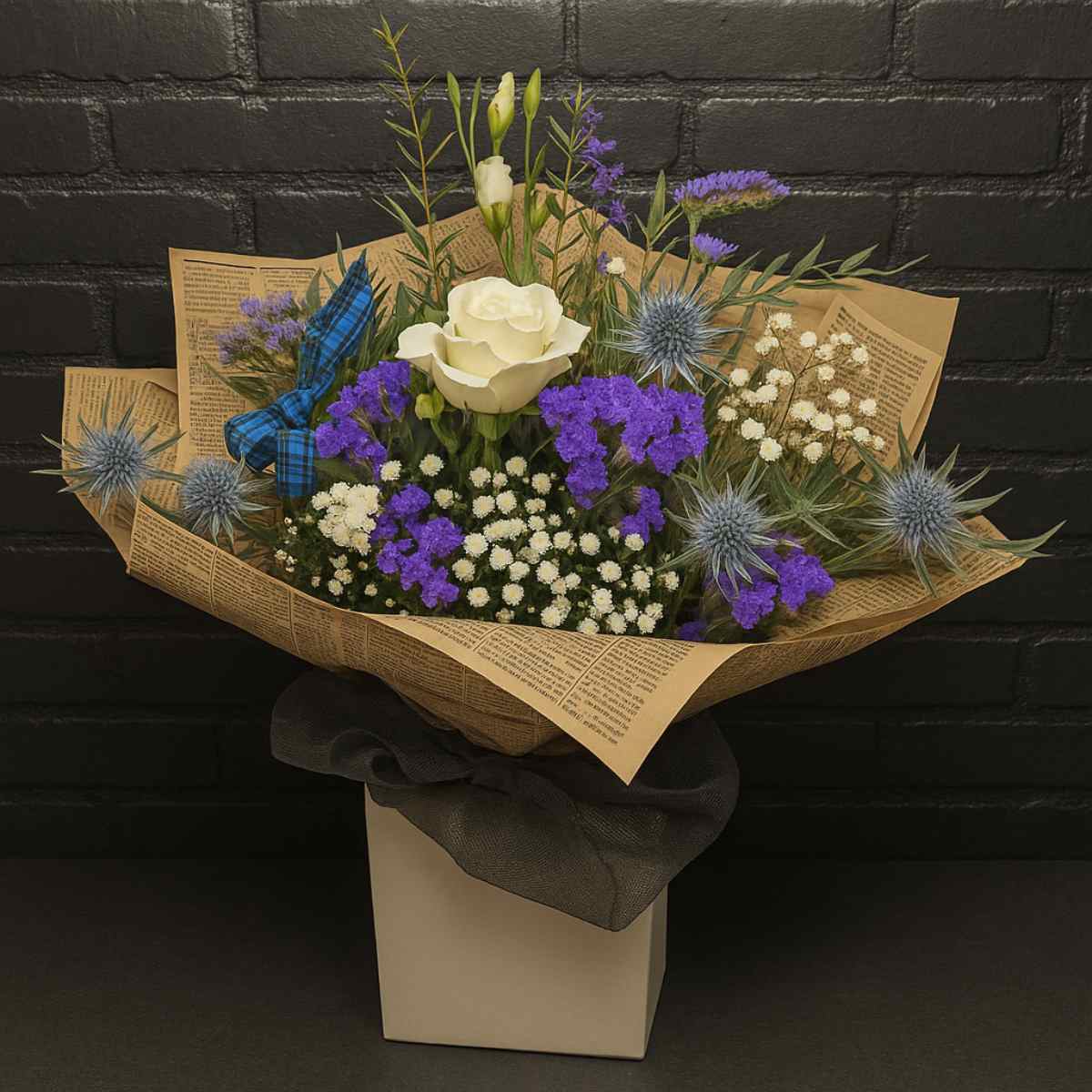 Scottish Thistle & Rose Bouquet with white roses, thistles, purple flowers and Gypsophila wrapped in vintage newspaper paper with tartan ribbon – Anastasia Florists Aberdeen