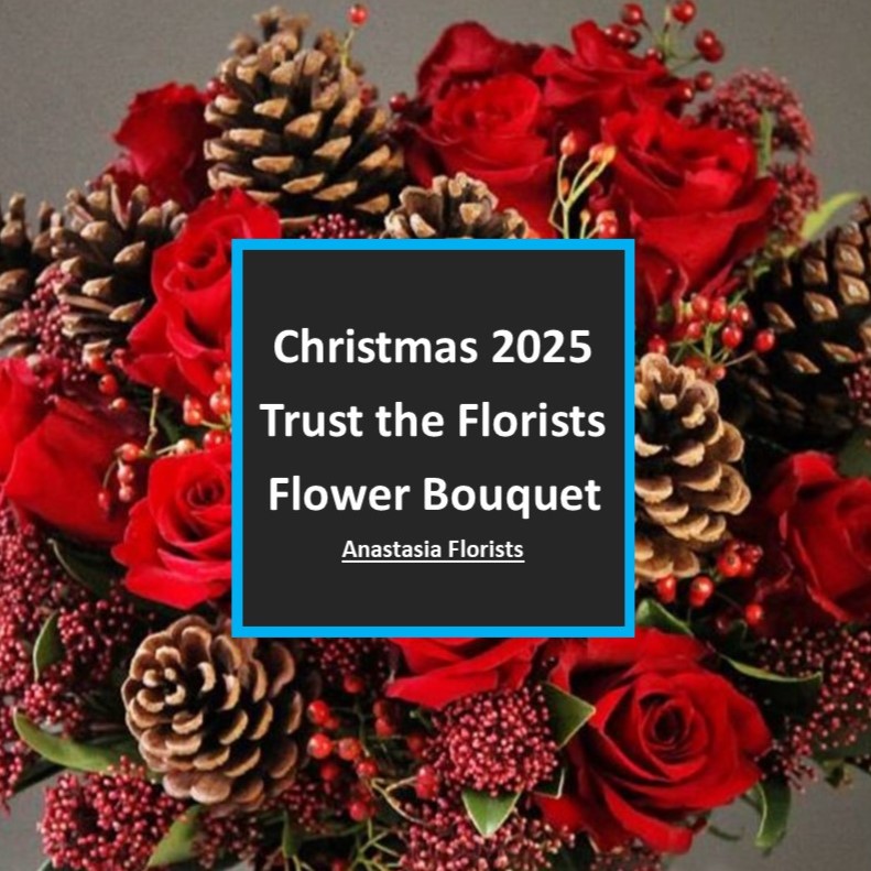 Christmas flower bouquet with red roses and pinecones