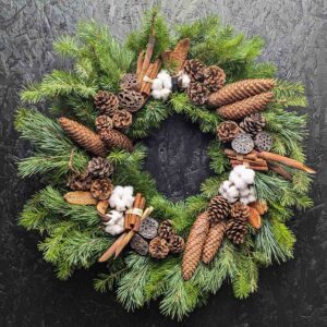 Woodland pine Christmas door wreath with pinecones, lotus pods, cinnamon and cotton accents