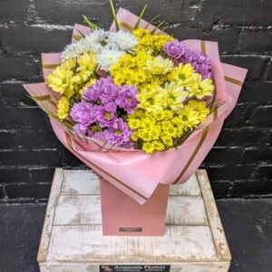 Anastasia Florists — Your Aberdeen Florist Since 1995 Cheerful chrysanthemum bouquet in yellow, white and pink wrapped in blush paper in a gift box – Anastasia Florists Aberdeen