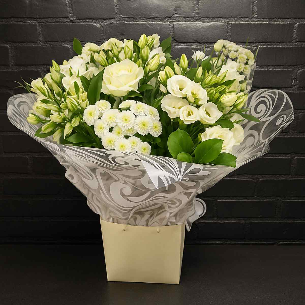 Classic White Flower Bouquet with roses and foliage
