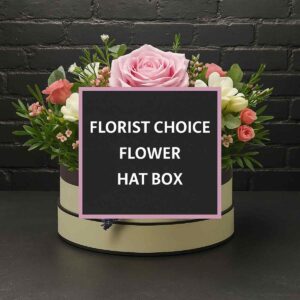 Florist choice flower hat box with pink and white blooms – Anastasia Florists Aberdeen