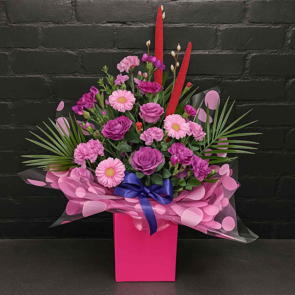 Pretty in Pink gift box flower arrangement with pink and purple blooms, ornamental cabbage and palm foliage in a hot pink box with blue ribbon – Anastasia Florists Aberdeen