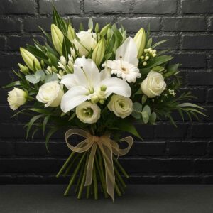 Lilly Exquisite white flower bouquet with lilies, roses and greenery hand-tied with ribbon – Anastasia Florists Aberdeen