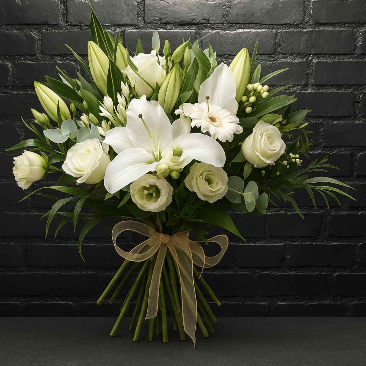 Lilly Exquisite white flower bouquet with lilies, roses and greenery hand-tied with ribbon – Anastasia Florists Aberdeen