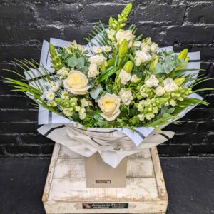 Lilly Exquisite white flower bouquet with lilies, roses and greenery hand-tied with ribbon – Anastasia Florists Aberdeen