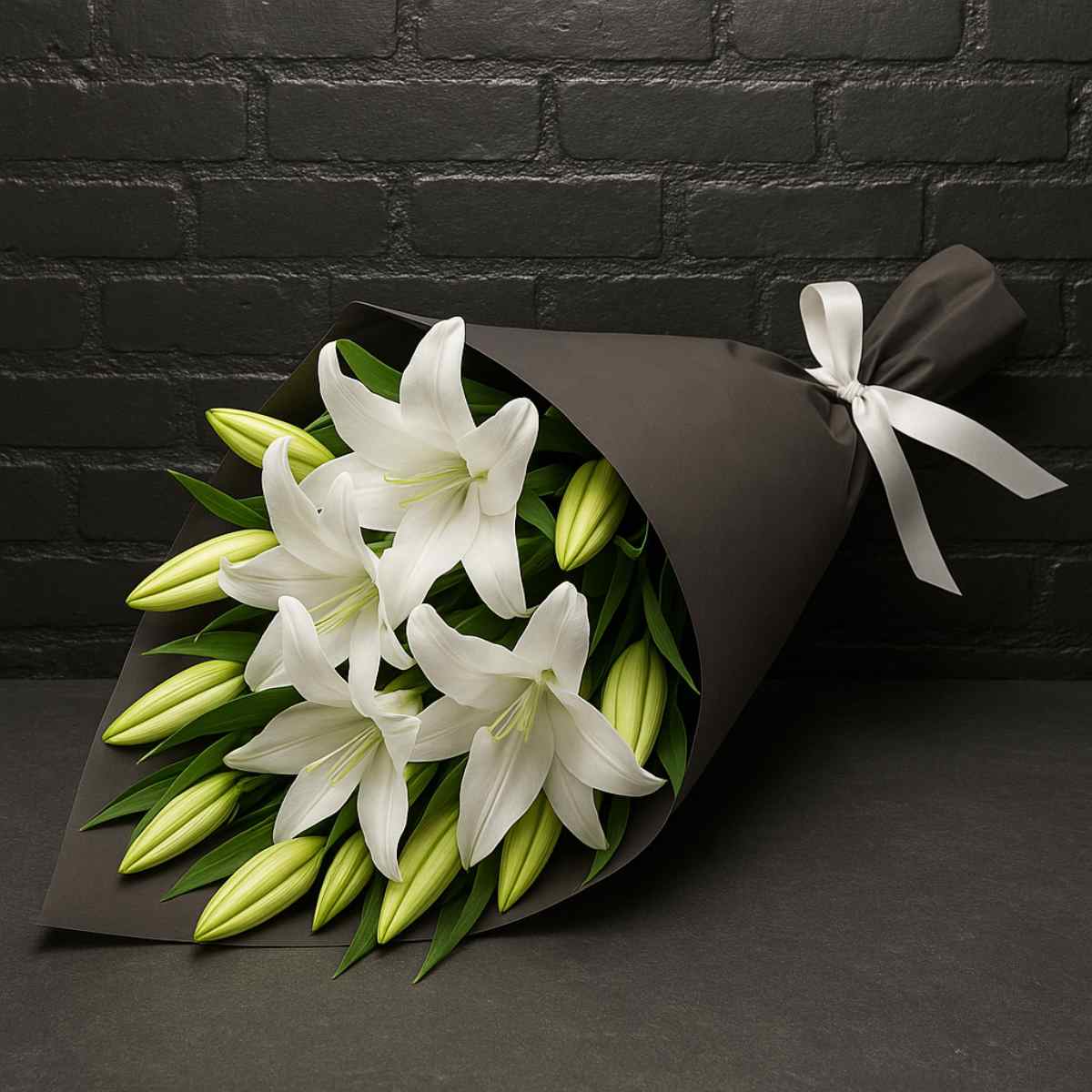White lily wrap bouquet with green foliage in brown paper and white ribbon – Anastasia Florists Aberdeen