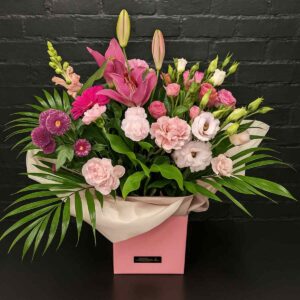 Medley Flower Bouquet in pink gift box with pink lilies, roses, gerberas and mixed blooms made in Aberdeen, Scotland – Anastasia Florists