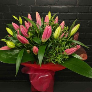 Pink Sapphire Flower Bouquet with pink oriental lily buds and greenery in a pink gift box – Anastasia Florists Aberdeen