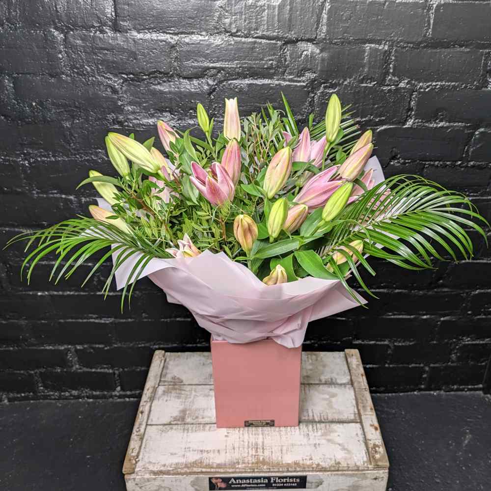 Pink Sapphire Flower Bouquet New - Pink Sapphire Flower Bouquet with pink oriental lily buds and greenery in a pink gift box – Anastasia Florists Aberdeen