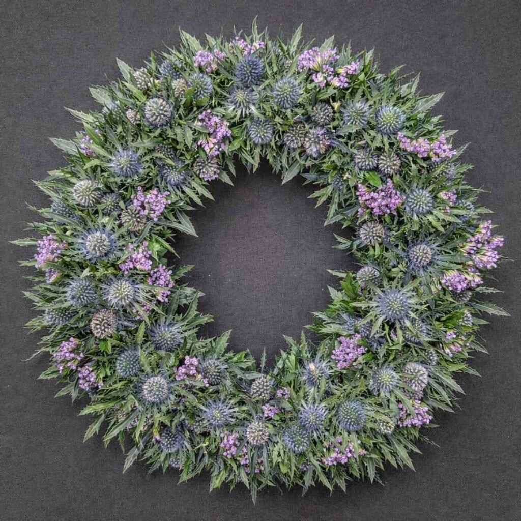 Aberdeen Funeral Home Directory & Delivery Guide Scottish thistle funeral wreath with blue thistles and green foliage