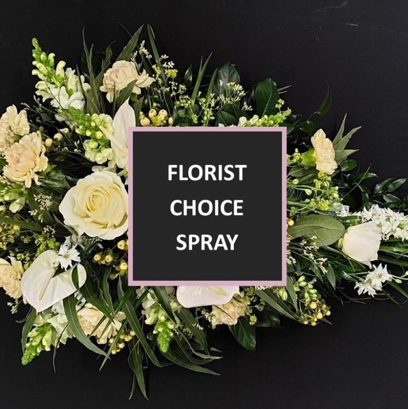 Aberdeen Funeral Spray Florist choice single ended funeral spray in white and cream flowers with green foliage and a central box reading “Florist Choice Spray”.
