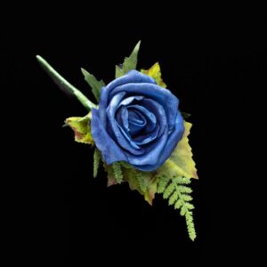 Blue rose buttonhole with green foliage