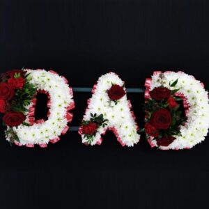 DAD funeral letter tribute with white chrysanthemums, pink ribbon edging and deep red roses