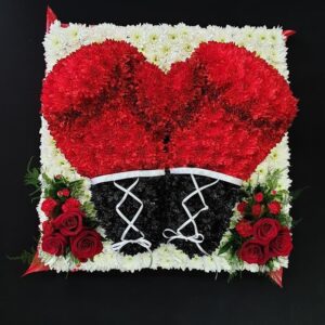 Red and white floral boxing gloves tribute