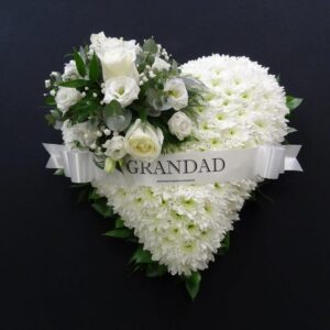 White grandad heart funeral tribute with roses and chrysanthemums on a black background by Anastasia Florists Aberdeen