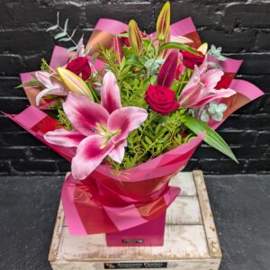 Lucy Flower Bouquet with pink lilies, red roses and greenery in a pink gift box – Anastasia Florists Aberdeen