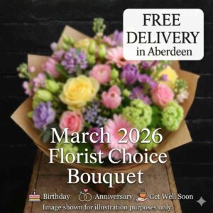 Significantly blurred March 2026 Florist Choice spring flower bouquet with white-boxed free delivery text for Aberdeen, featuring icons and labels for Birthday, Anniversary, and Get Well Soon occasions below the title. Smaller illustration disclaimer at bottom.