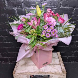 Anastasia Florists Medley Flower Bouquet in pink gift box with pink lilies, roses, gerberas and mixed blooms made in Aberdeen, Scotland – Anastasia Florists