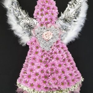 Pink floral funeral angel tribute with silver accents