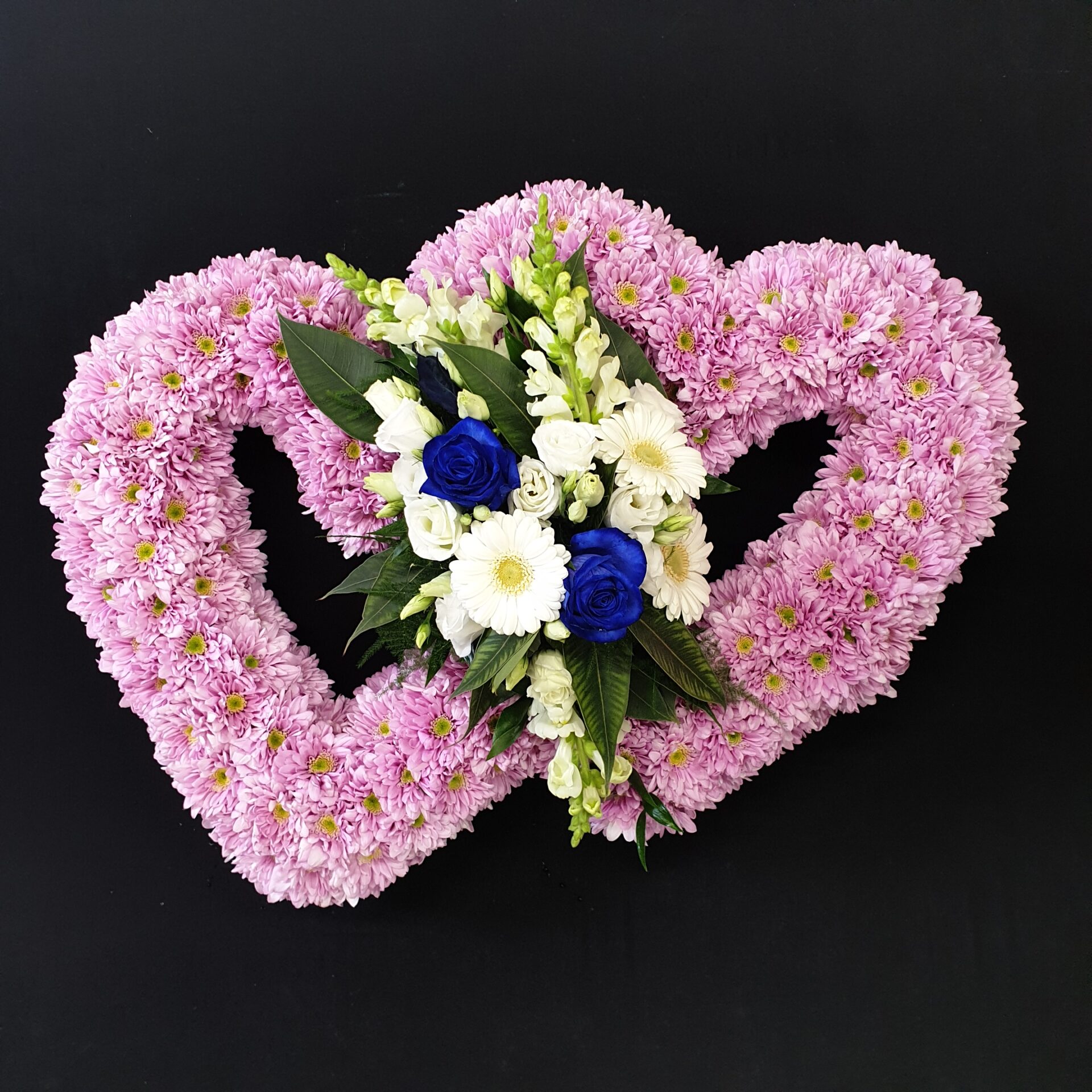Pink double heart funeral tribute with white flowers and blue roses on a black background