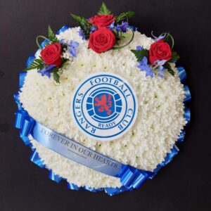Rangers Football Club Funeral Posy with red roses and club emblem.