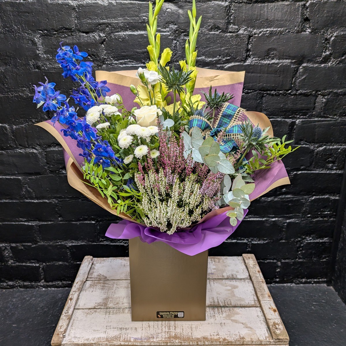 Scottish themed flower bouquet with thistles and heather
