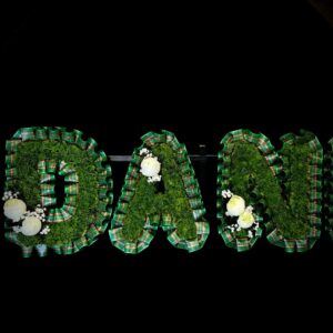 Scottish tartan DAD funeral letter tribute with moss letters and white roses