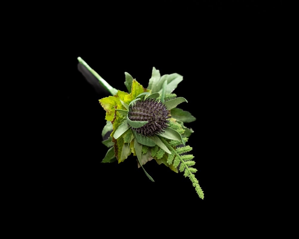 Thistle buttonhole wedding flowers with greenery