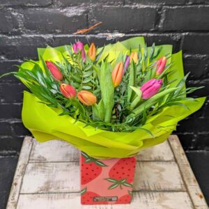 Anastasia Florists Fresh seasonal Tulips arranged in a clear glass vase, available for same-day delivery from Anastasia Florists Aberdeen.