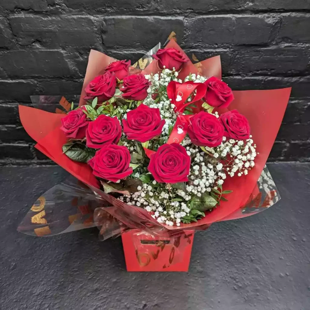 Valentine’s Day Flowers Aberdeen 2026 | Anastasia Florists Valentine’s bouquet of a dozen red roses with gypsophila in a red gift box from Anastasia Florists Aberdeen