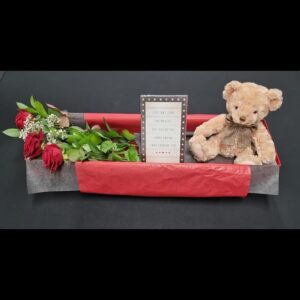 Valentine’s gift box with red roses, teddy bear and romantic card from Anastasia Florists Aberdeen