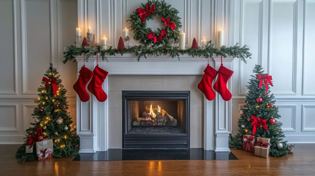 Christmas Wreath Display Above the Fireplace Mantel