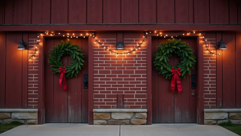 Double Christmas Wreath Display on Outdoor Doors