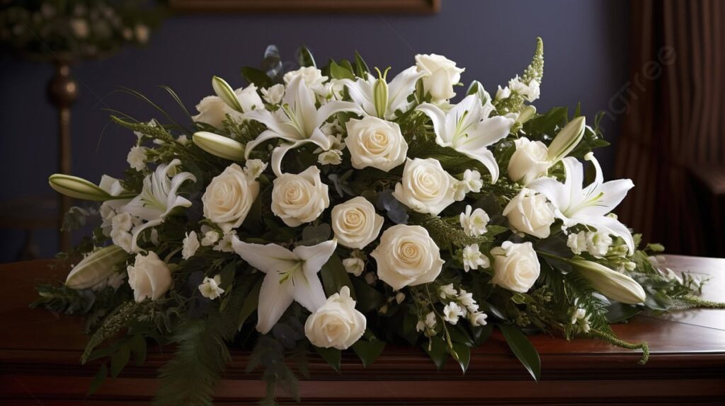 A white funeral flower on top of a coffin
