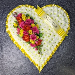 Auntie heart funeral tribute in yellow and white with personalised ribbon