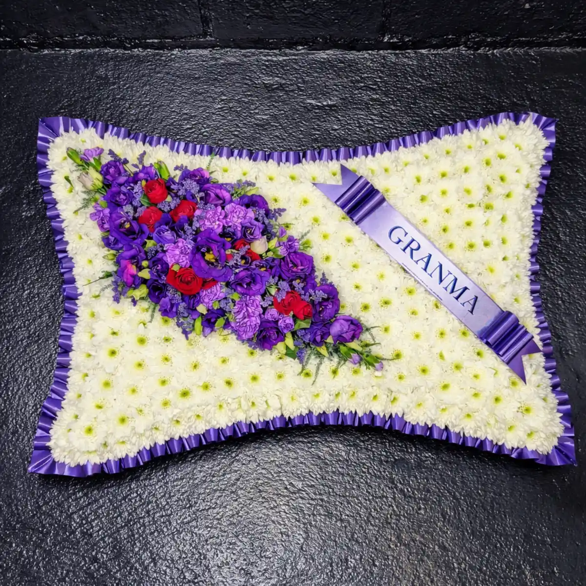 Granny Funeral Flower Pillow in Purple & White Granny funeral flower pillow in purple and white with personalised ribbon