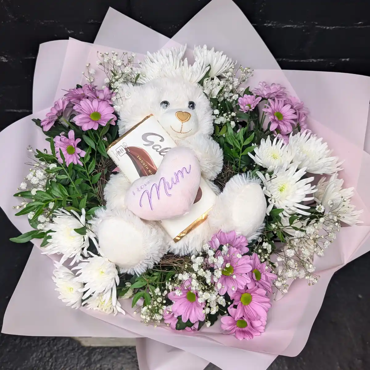 Mumsy Flower Bouquet Close Up View - Mum flower Bouquet in soft pink and white flowers with keepsake detail