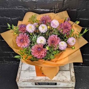 Anastasia Florists — Your Aberdeen Florist Since 1995 Seasonal dahlia bouquet in soft pink, lilac and dusky rose, hand-tied with foliage and grasses in a gift box