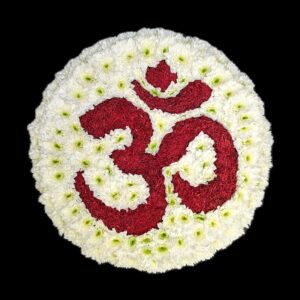 White and red Aum Hindu floral tribute