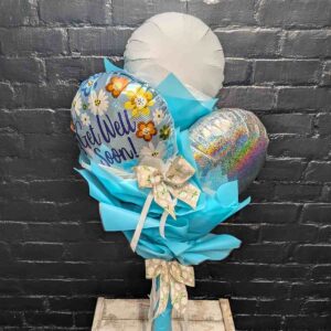 Get well soon balloon bouquet with blue wrapping