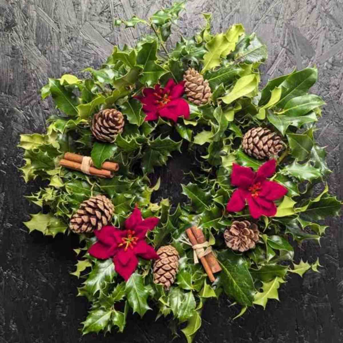 Holly Wreath Traditional fresh Holly Christmas Wreath with pine cone and festive red ribbons