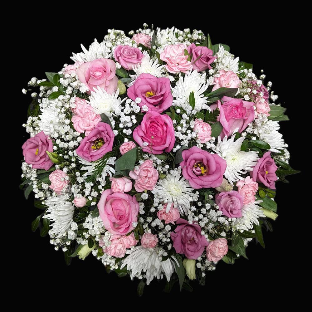 Posy 6b Pink and white funeral posy tribute with roses and chrysanthemums