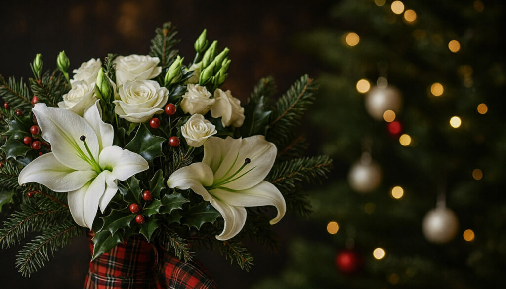 White flowers Christmas floral arrangement