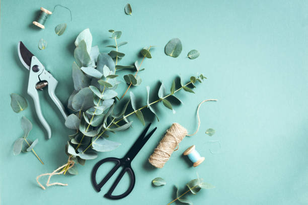 Scattered leaves and florist tools in a green background 