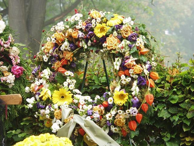 A funeral wreath with a ribbon