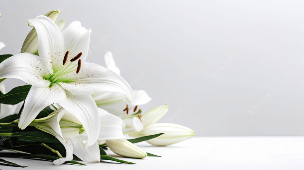 White lilies on a white background
