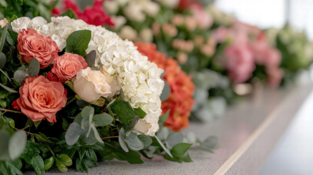 summer floral arrangement with roses and hydrangea